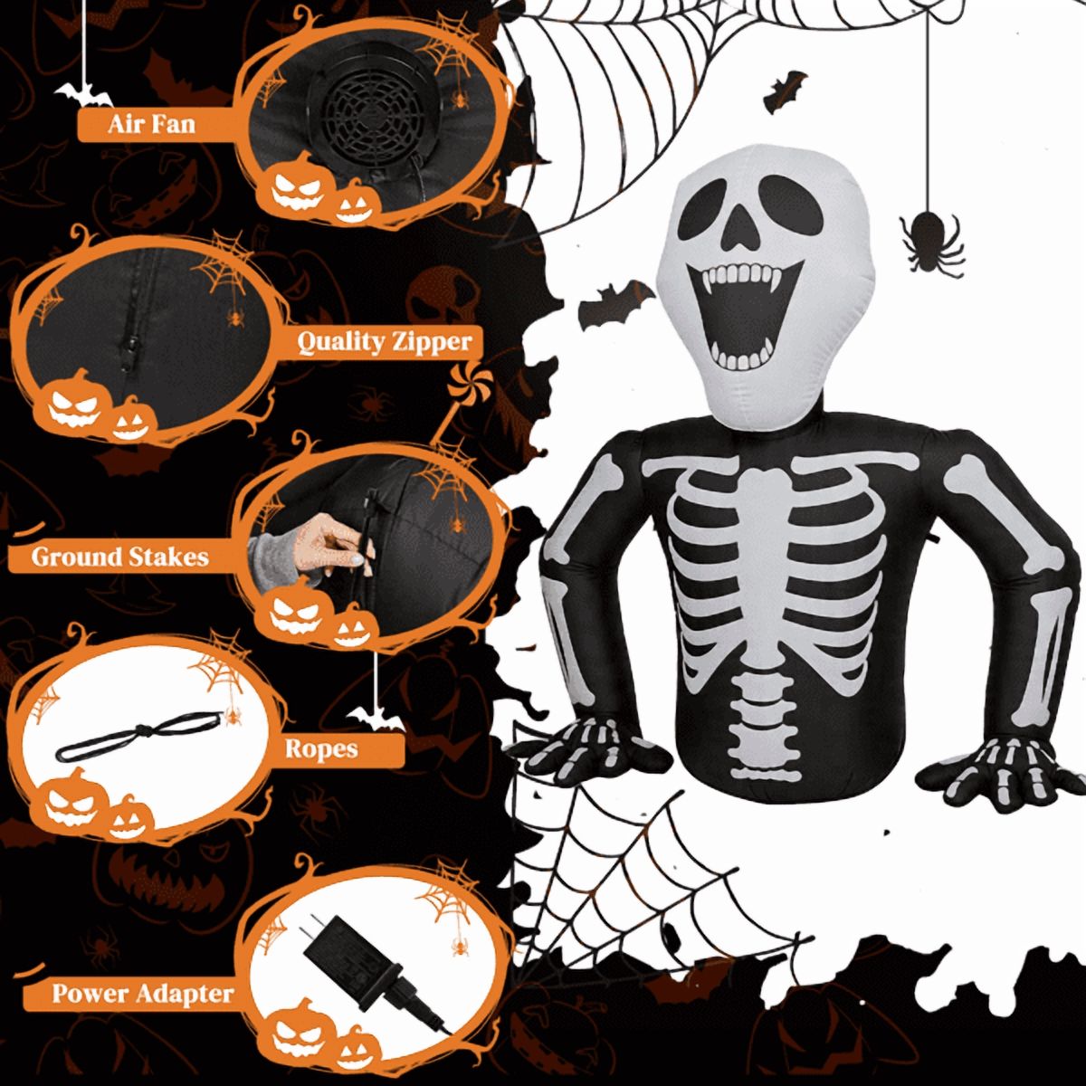 Alvantor 6 ft Halloween Inflatable Skeleton with 3 LED Lights, Black and White, for Outdoor Yard Display