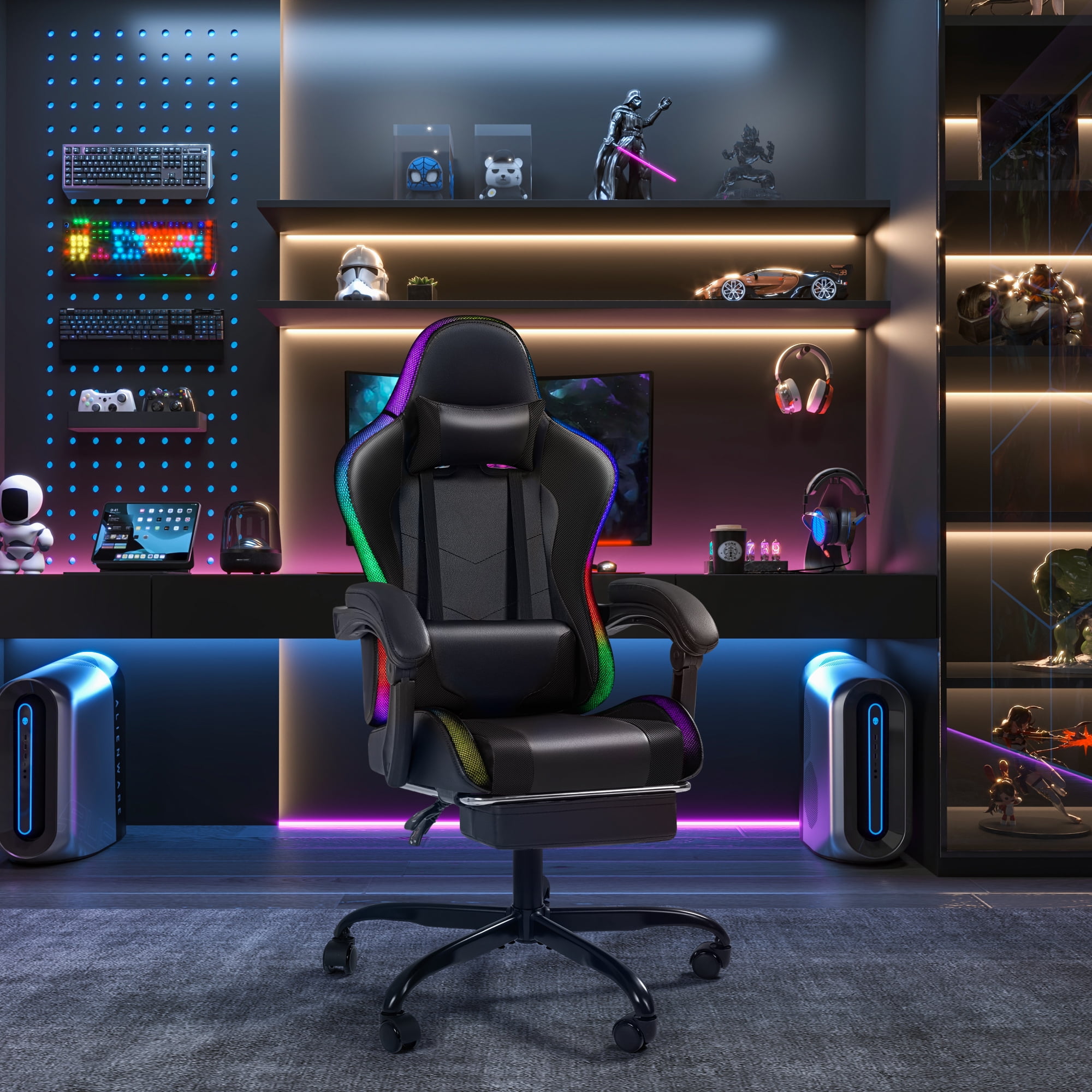 Homall RGB Gaming Chair with APP & Remote Control, LED Lights Ergonomic Computer Chair with Footrest & Massage Lumbar Support, Black