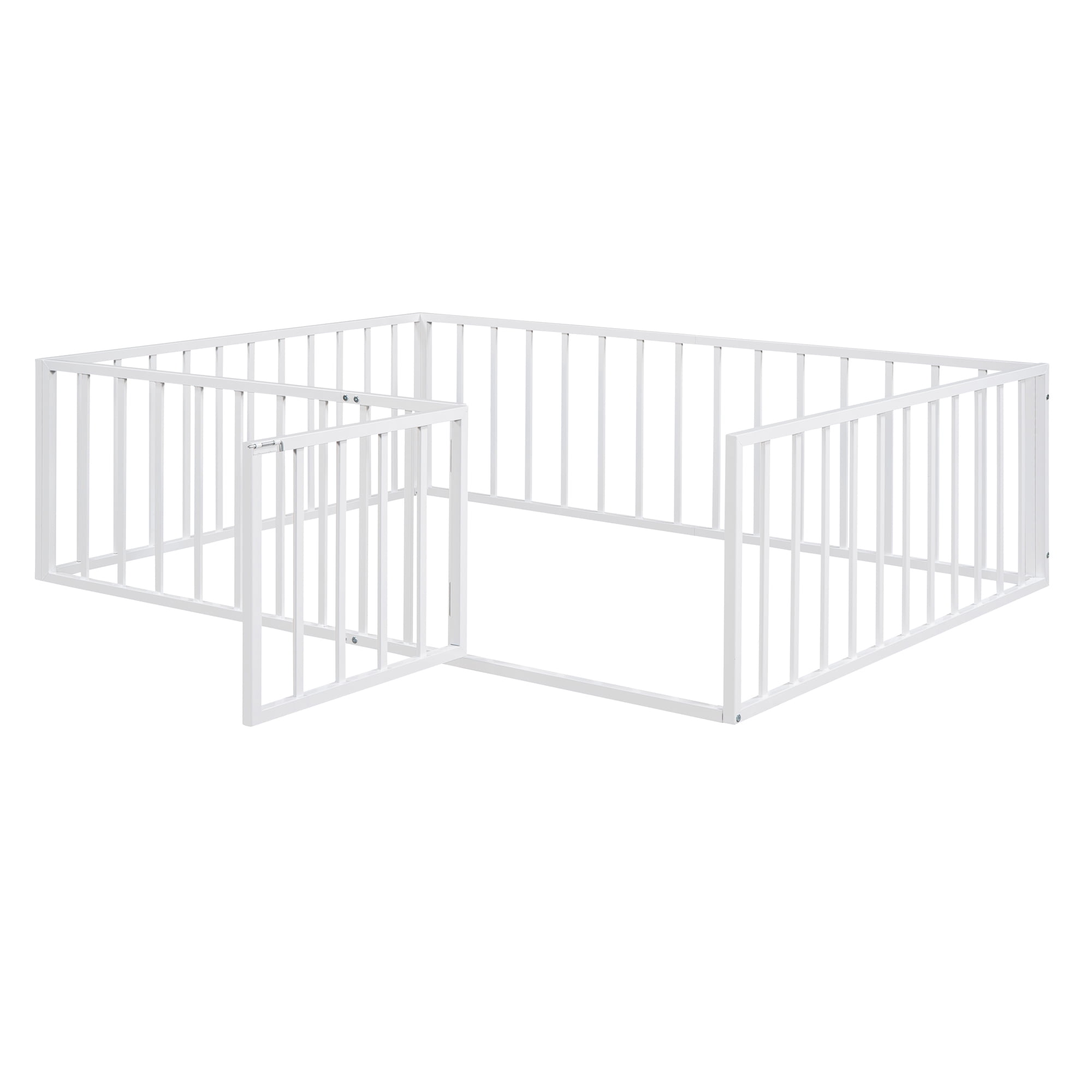 Full Size Floor Bed with Fence and Door, Low Profile Metal Montessori Bed Frame with Slats Supports,Easy Assembly, No Box Spring Needed,White