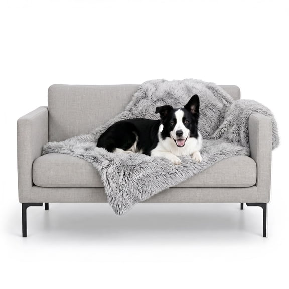 FurHaven Waterproof Throw Blanket for Dogs & Indoor Cats, Washable - Shaggy Plush Calming Long Faux Fur & Velvet Dog Blanket - Mist Gray, Large