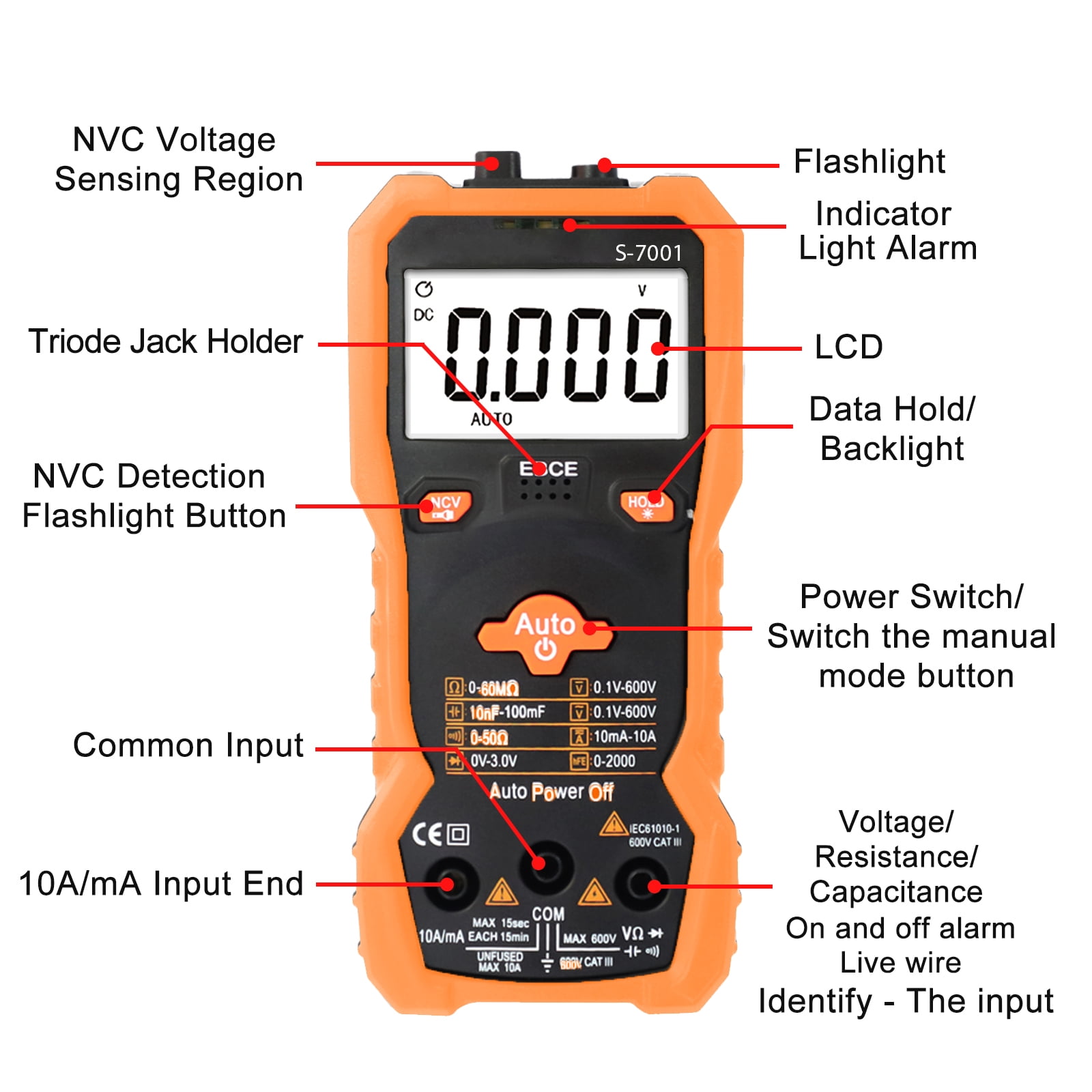 APOLLOLIFT 6000 Counts TRMS Digital Multimeter, Auto-Ranging Ohmmeter Voltage Tester with NCV Function for Measure Voltage Current Resistance Diodes Continuity, Orange,New