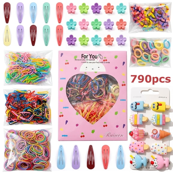 790 PCS Hair Accessories Set for Toddler, Girls, Kids, Colorful Hairs Clips Ties Elastic Bands Kits