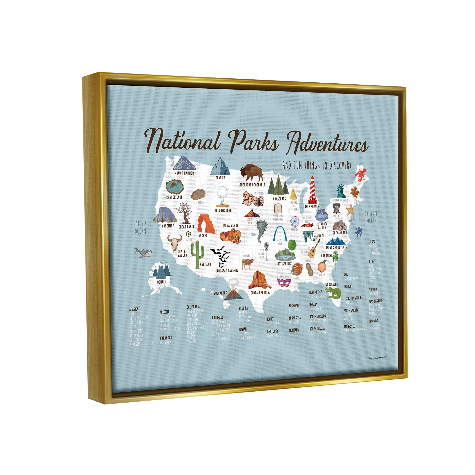 Stupell National Parks Adventures USA Map Animals & Insects Painting Gold Floater Framed Art Print Wall Art