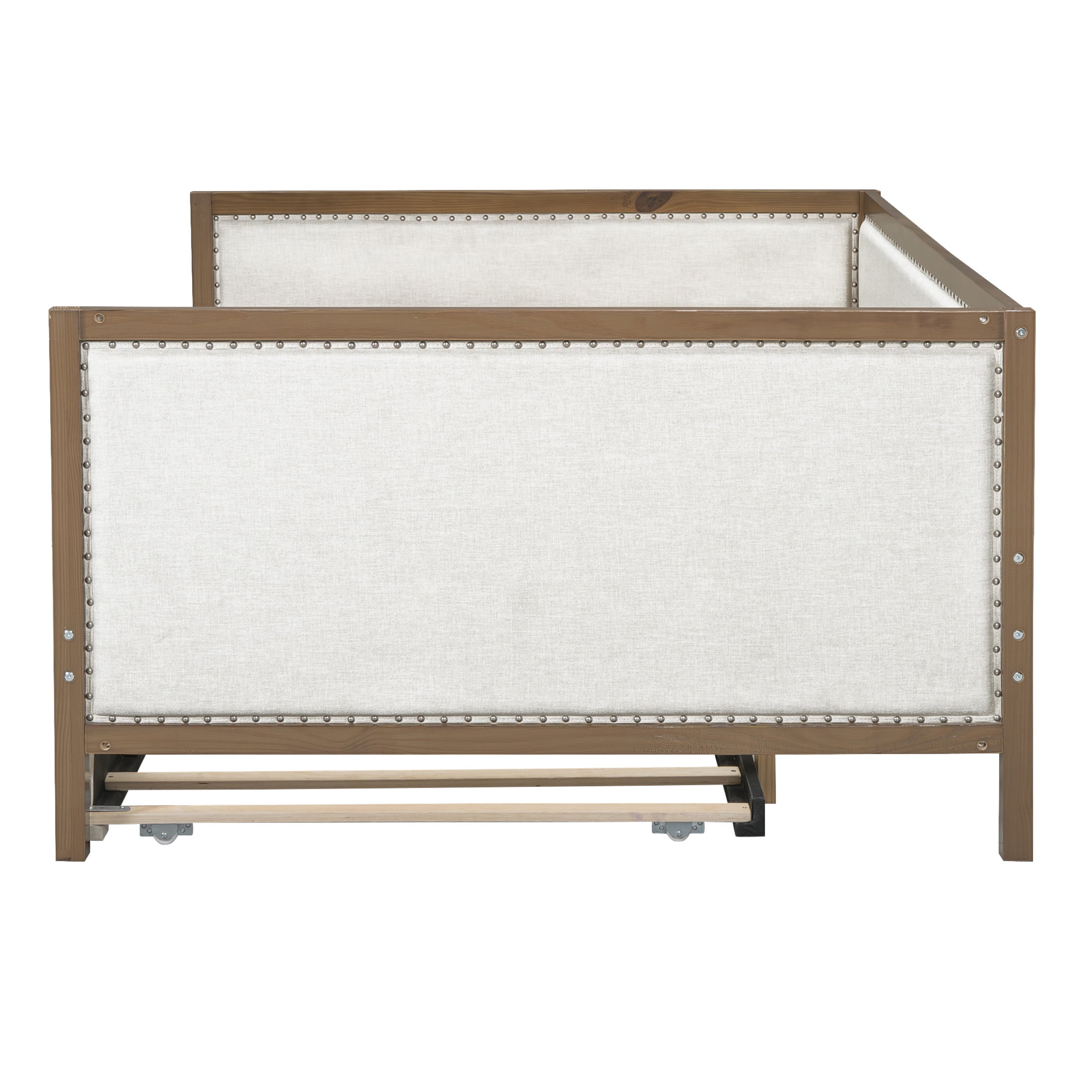 Noble House Dover Full Upholstered Daybed, Linen Guest Bed with Twin Trundle and Nailhead Trim, Wood & Beige