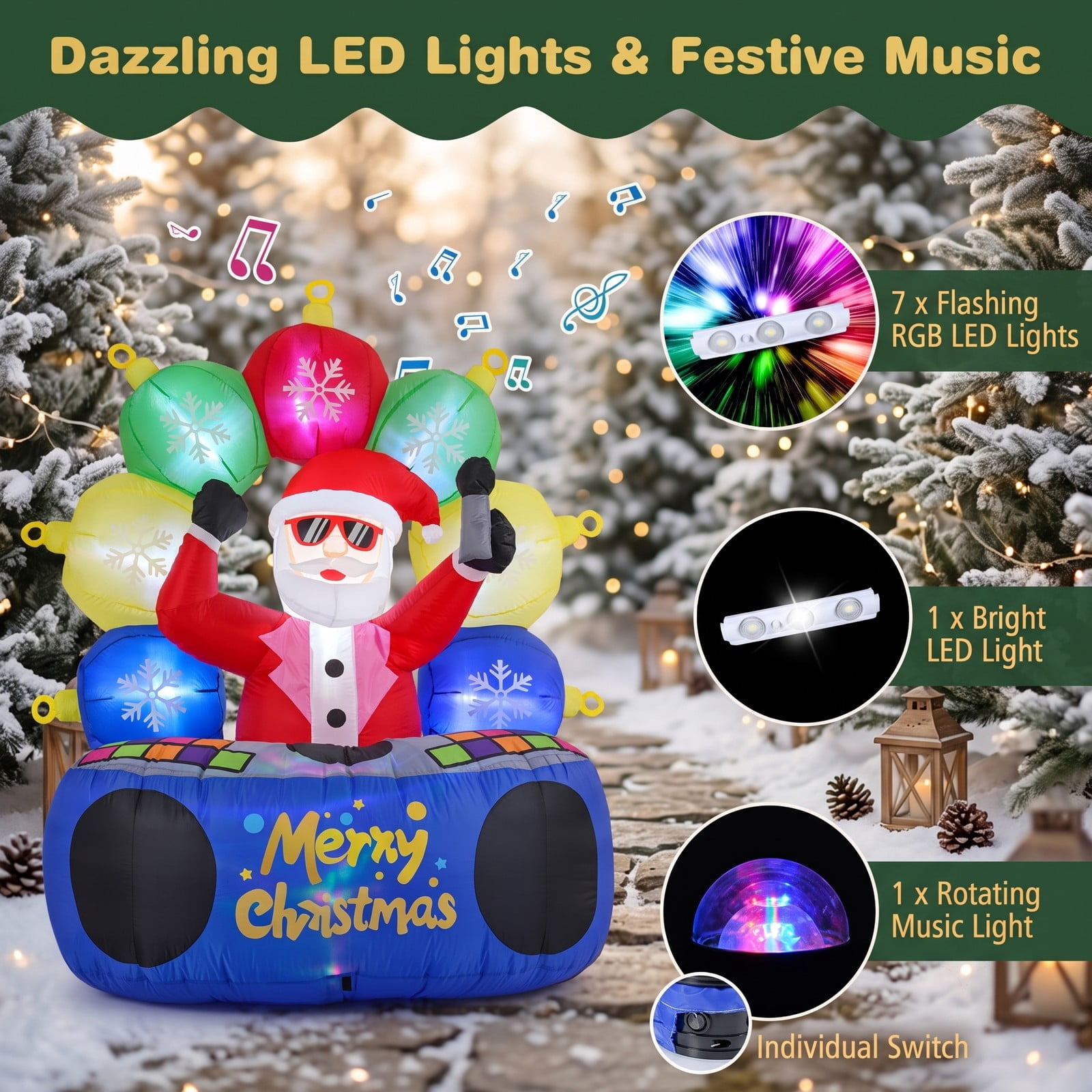 RUIE 6 FT Inflatable DJ Santa Claus with Rotating Music Light and Flashing RGB LEDs, Blow Up Christmas Yard Decoration for Outdoor Lawn Garden Holiday, Multi-Color