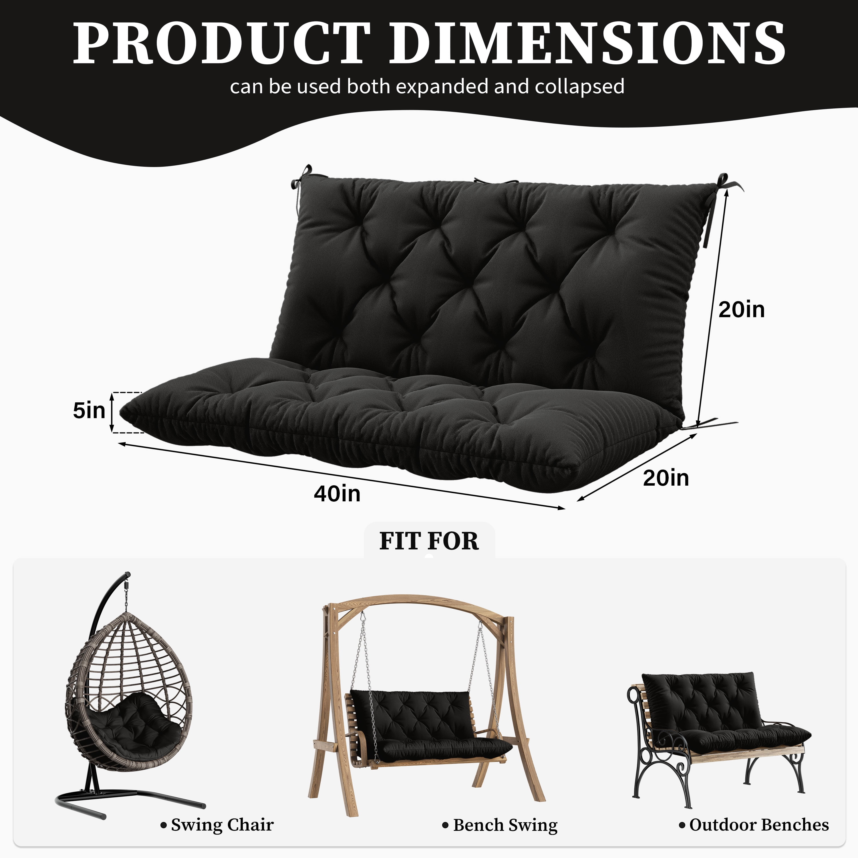 Snubbull Swing Replacement Cushion, Outside Bench Cushion with Backrest, 2 Seater Cushion with 6 Ties for Outdoor Furniture, 40 x 40 x 5 inches Porch SwingCushion Garden Bench, Black