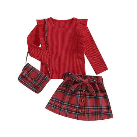 MIPREWUY Girls Skirt Set Long Sleeve Ruffled Ribbed Tops Plaid Single-breasted Bow Short Skirt Crossbody Bag Outfits
