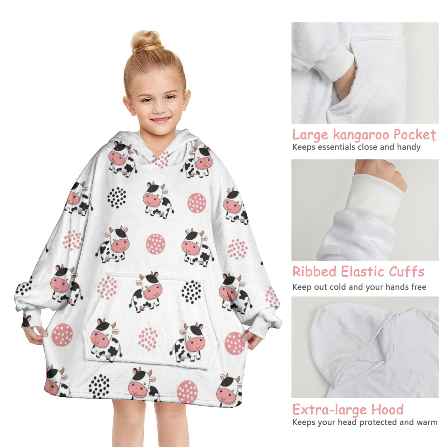 White Cow Dot Pattern Blanket Hoodies for Kids 6-13YR Oversize Wearable Blanket Hoodies for Boys Girls Teens