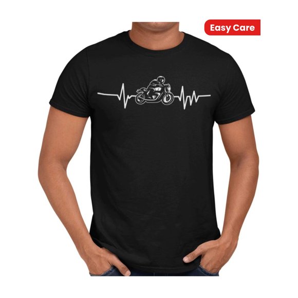 Men's Motorcycle Heartbeat Graphic Black Casual Short Sleeve Tee with White Biker Design Printed pattern short-sleeved shirt