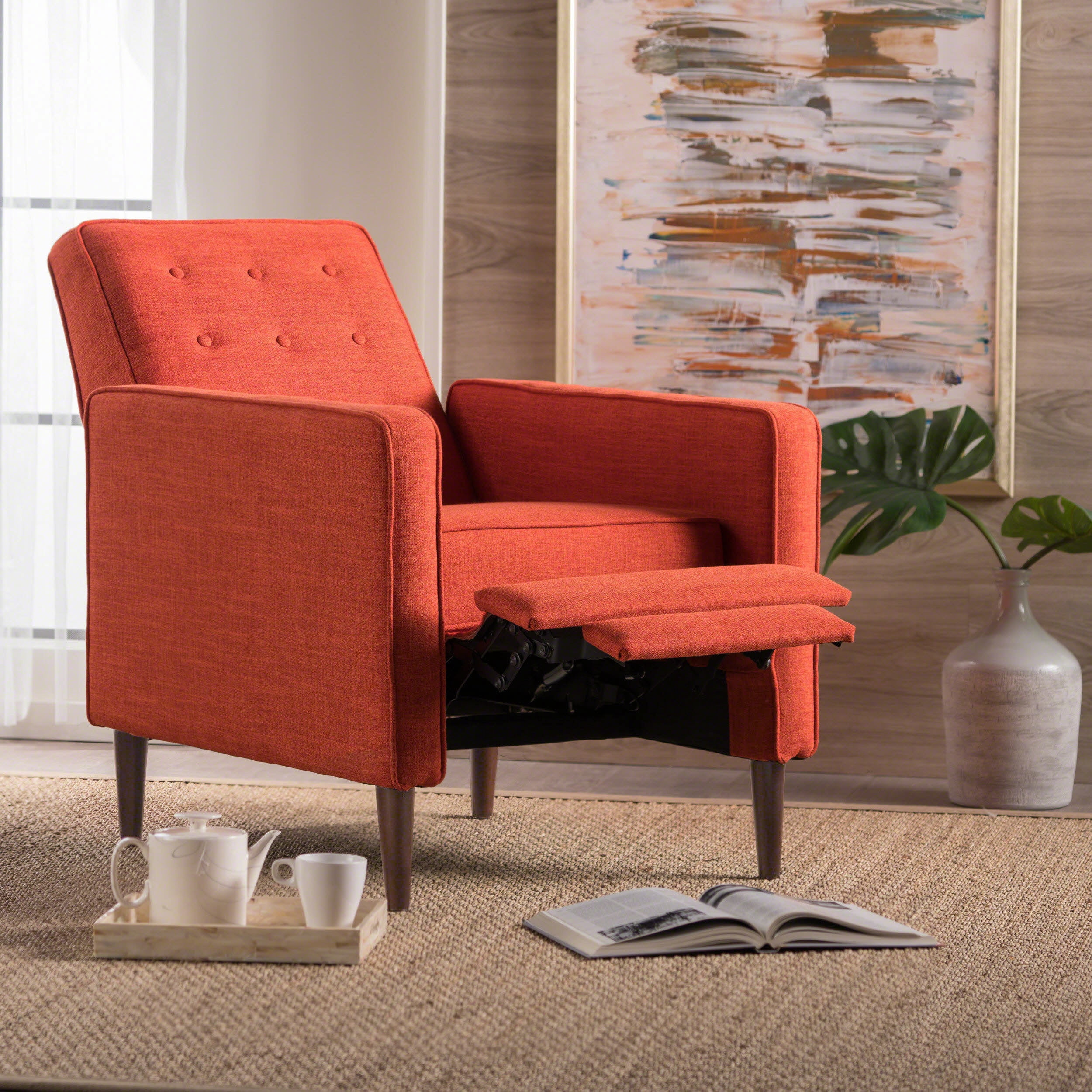 Euroco Modern Fabric Recliner Chair with Espresso Wood Legs, Adjustable Backrest & Plush Upholstery, Space-Saving Design
