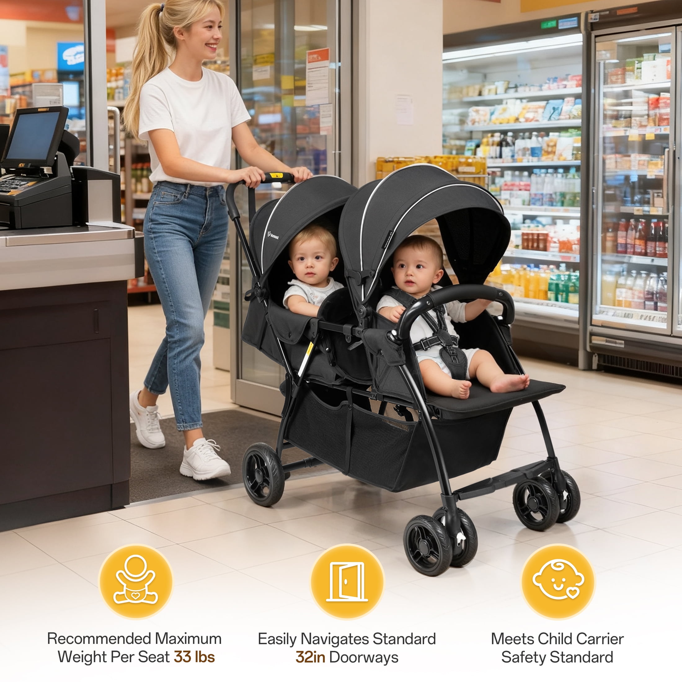 Vomeast Double Stroller for Twins, Foldable Lightweight Travel Stroller for Infant and Toddler, 5-Point Harness, Adjustable Canopy & Reclining Seat, Black