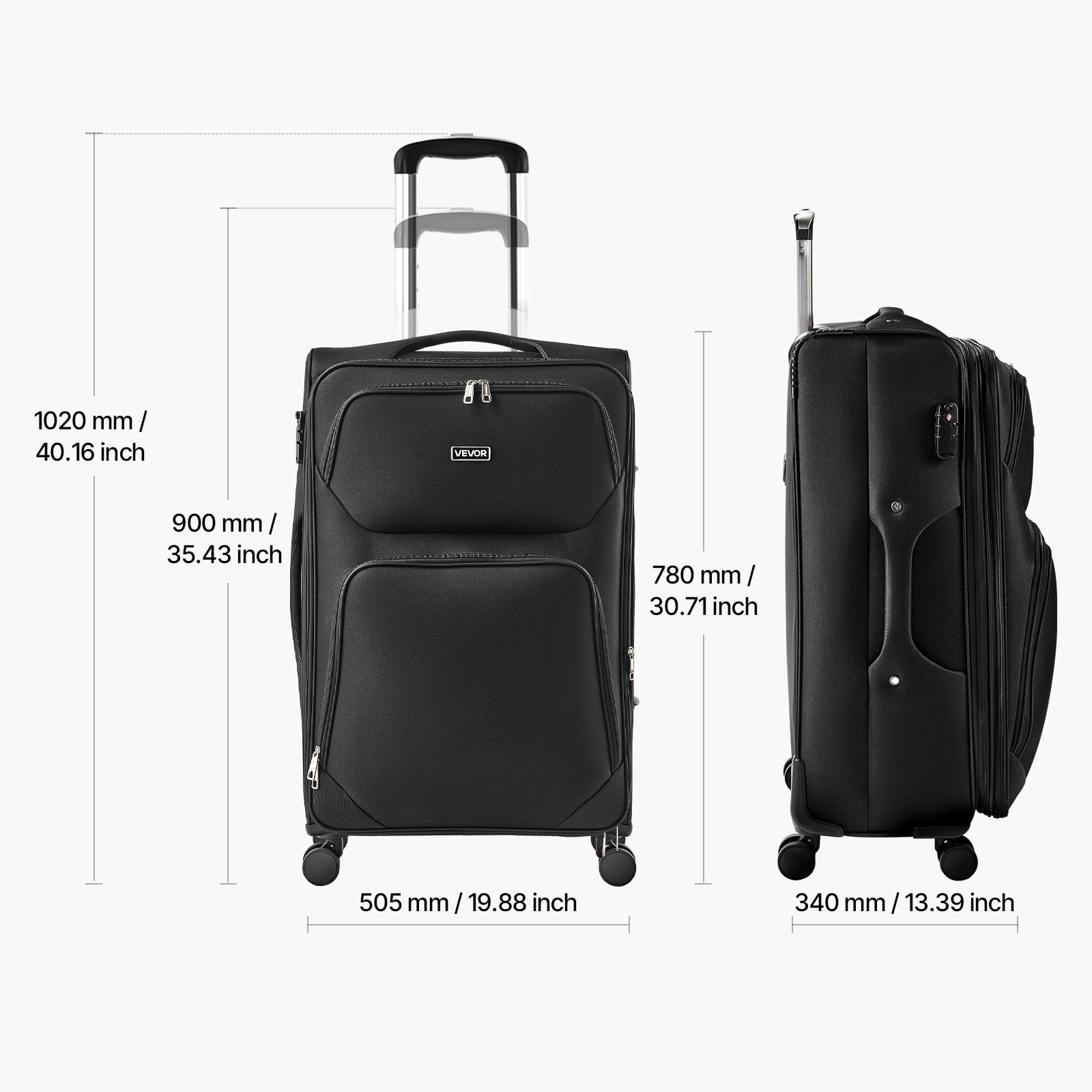 VEVOR Softside Expandable Luggage with Spinner Wheels, 28-Inch Softside Checked Large Luggage, Lightweight Checked Suitcase with Expandable Zippered Pocket and TSA Lock, Black