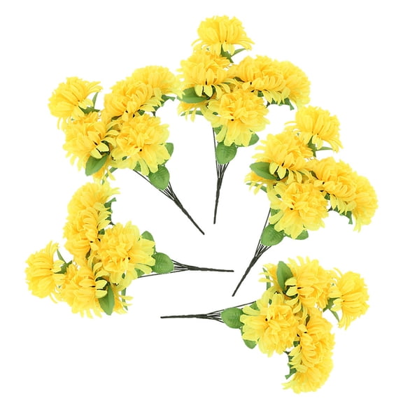 MLINS 5pcs Bundles of 7 Heads Artificial Yellow Marigold Flowers Faux Chrysanthemum Bouquets for Cemetery Silk Floral Arrangements for Memorial Day Grave Decorations