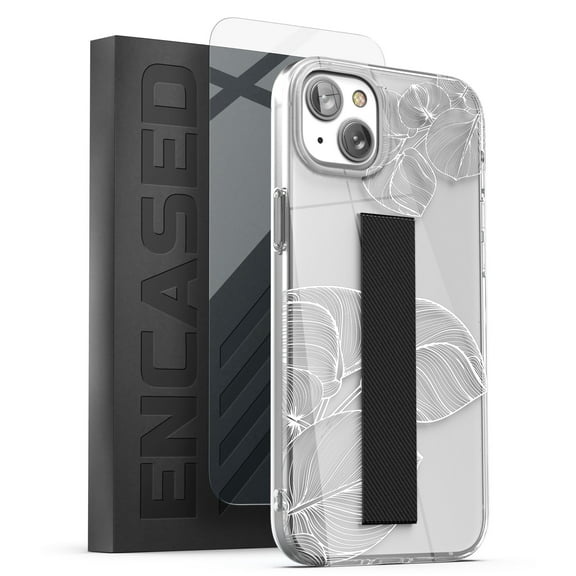 Encased Finger Loop Case Designed for iPhone 14 with Hand Strap Grip - Screen Protector Included (Clear/White Lace Leaf)