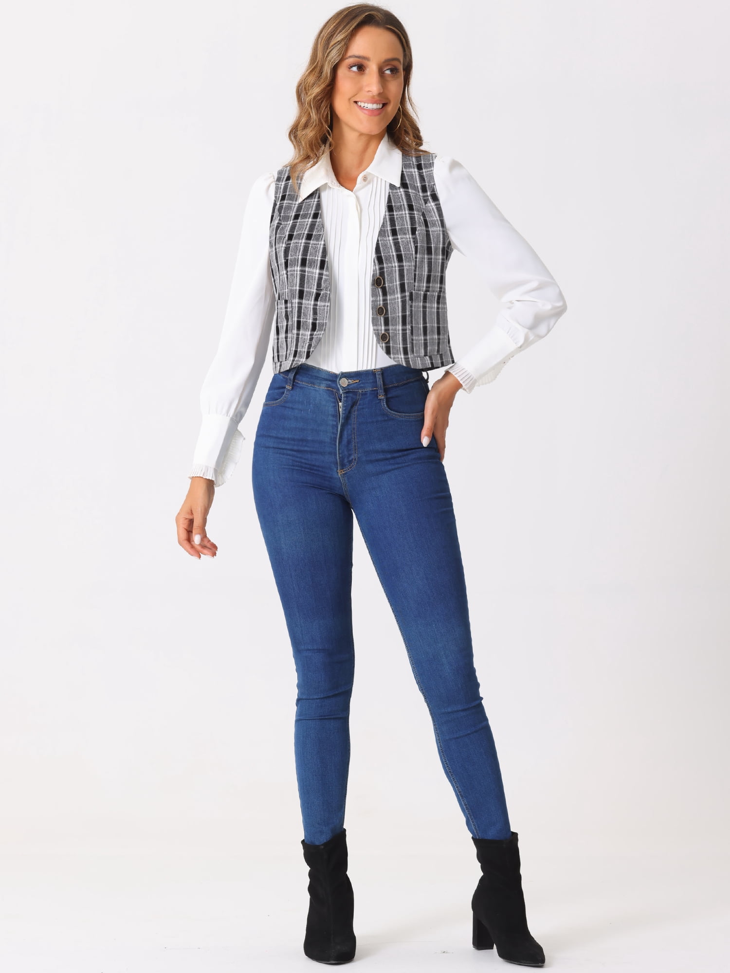 DARING DIVA Women's Plaid Single Breasted Sleeveless Racerback Waistcoat XL Black White