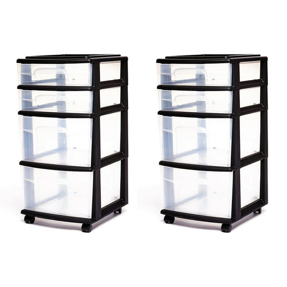 Homz Plastic 4 Clear Drawer Medium Home Storage Container Tower (2 Pack)