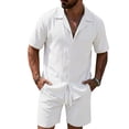 thumbnail image 2 of Yaoyar Men's Summer Linen 2 Piece Sets, Short Sleeve Loose Lapel Button Down Shirts & Shorts Vacation Beach Outfits, 2 of 4