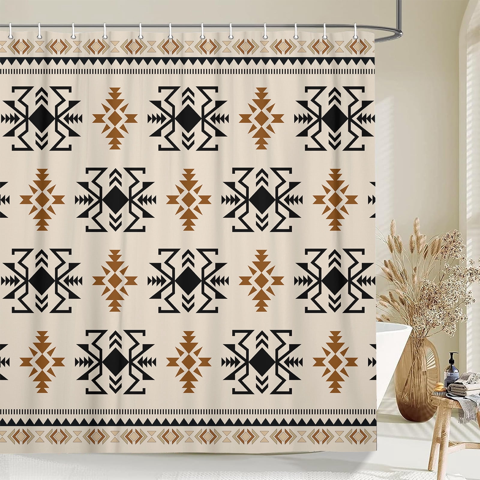 Western Aztec Shower Curtain, Boho Southwest Rustic Fabric Shower Curtains Set for Bathroom Decorative, Vintage Tan Country Southwestern Geometric Restroom Decor Accessories with Hooks 72X72 Inch