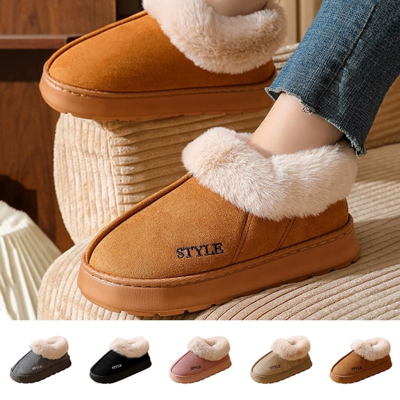 Puntoco Women'S Suede Slipper, Flat Slip On House Shoes with Fluffy Plush Lining Indoor Outdoor Short Mini Boots