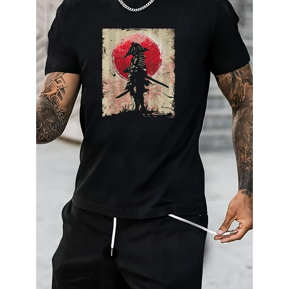 Anime Samurai Pattern Men's Casual Cotton Comfy Short Sleeve Crew Neck T-shirt, Summer Outdoor