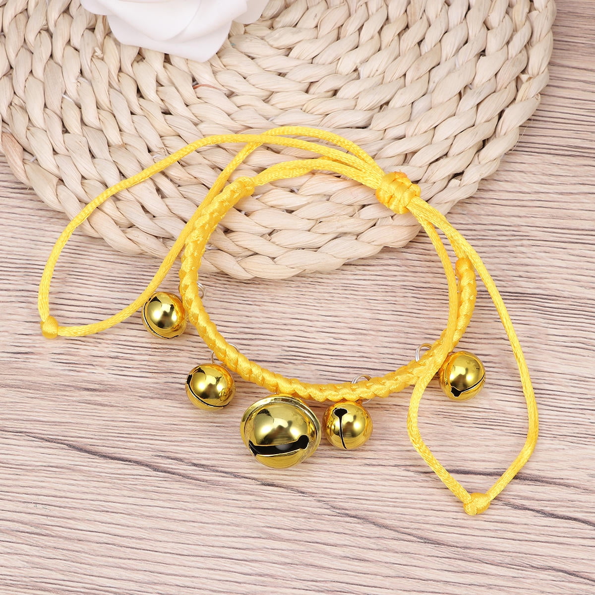 FESTFENDS Adjustable Hand Woven Yellow Bell Collar Durable Dog Necklace for Walking and Outdoor Activities