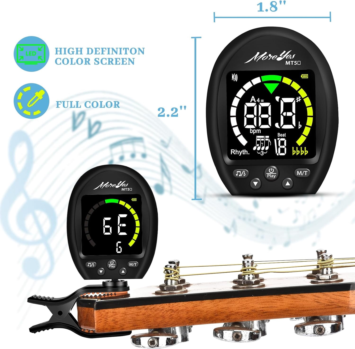 SONGAU 3 in 1 Guitar Tuner Metronome Tone Generator, Rechargeable Guitar Tuner Clip On with Full-Color Screen for Acoustic Guitar, Electric Guitar, Ukulele, Digital Metronome for All Instruments