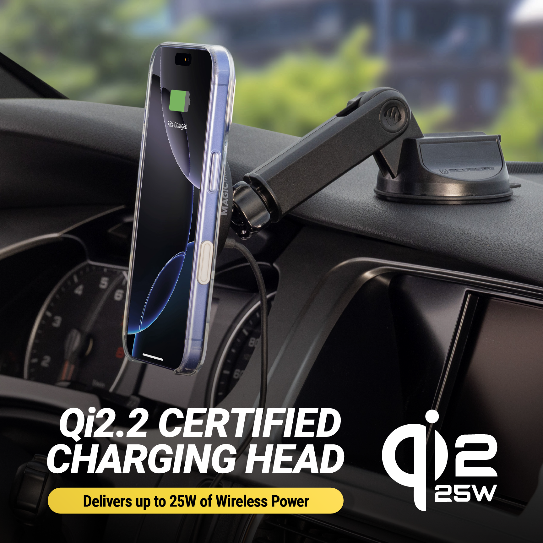 Scosche MPQTRWDA Qi2 MagSafe 25W Fast Wireless Charge Magnetic Window/Dash Mount w/ Adjustable Arm