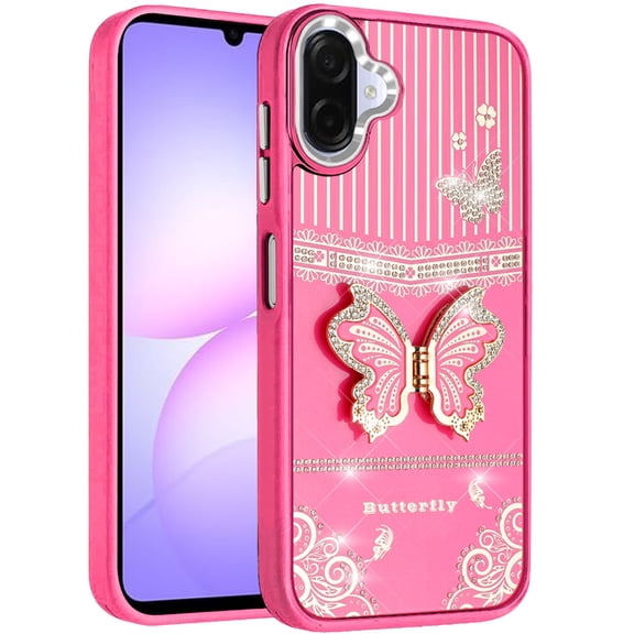 For Samsung Galaxy A07 Glitter Butterfly Case with 3D Stand Sparkle Hybrid Metallic Edges Protective Phone Cover Slim Fit Hot Pink]