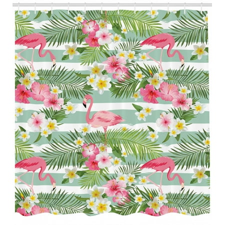 Flamingo Shower Curtain Flamingos With Exotic Hawaiian Leaves