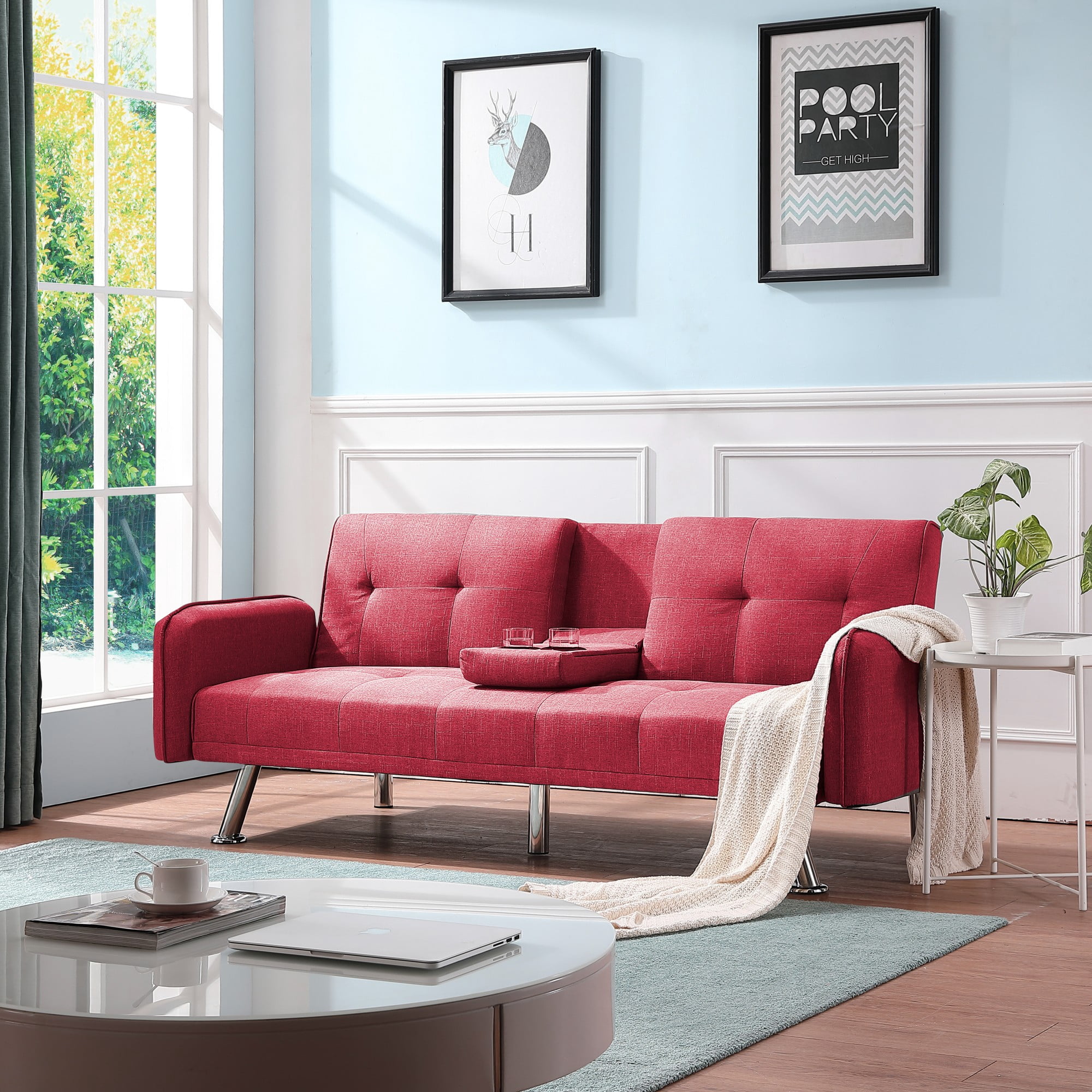 Gewnee 74.4” Futon Sofa Bed with 3-Angle Adjustable Backrest & Cup Holders,Twin Sleeper Sofa with for Home,Office,Guest Room(Red）