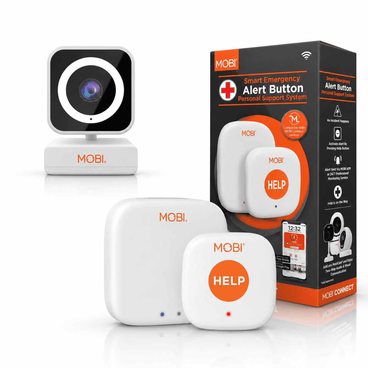 MOBI Connect Emergency Alert System Bundle, Smart Wireless Caregiver Support Monitoring System Pair with Multi-Purpose Monitor