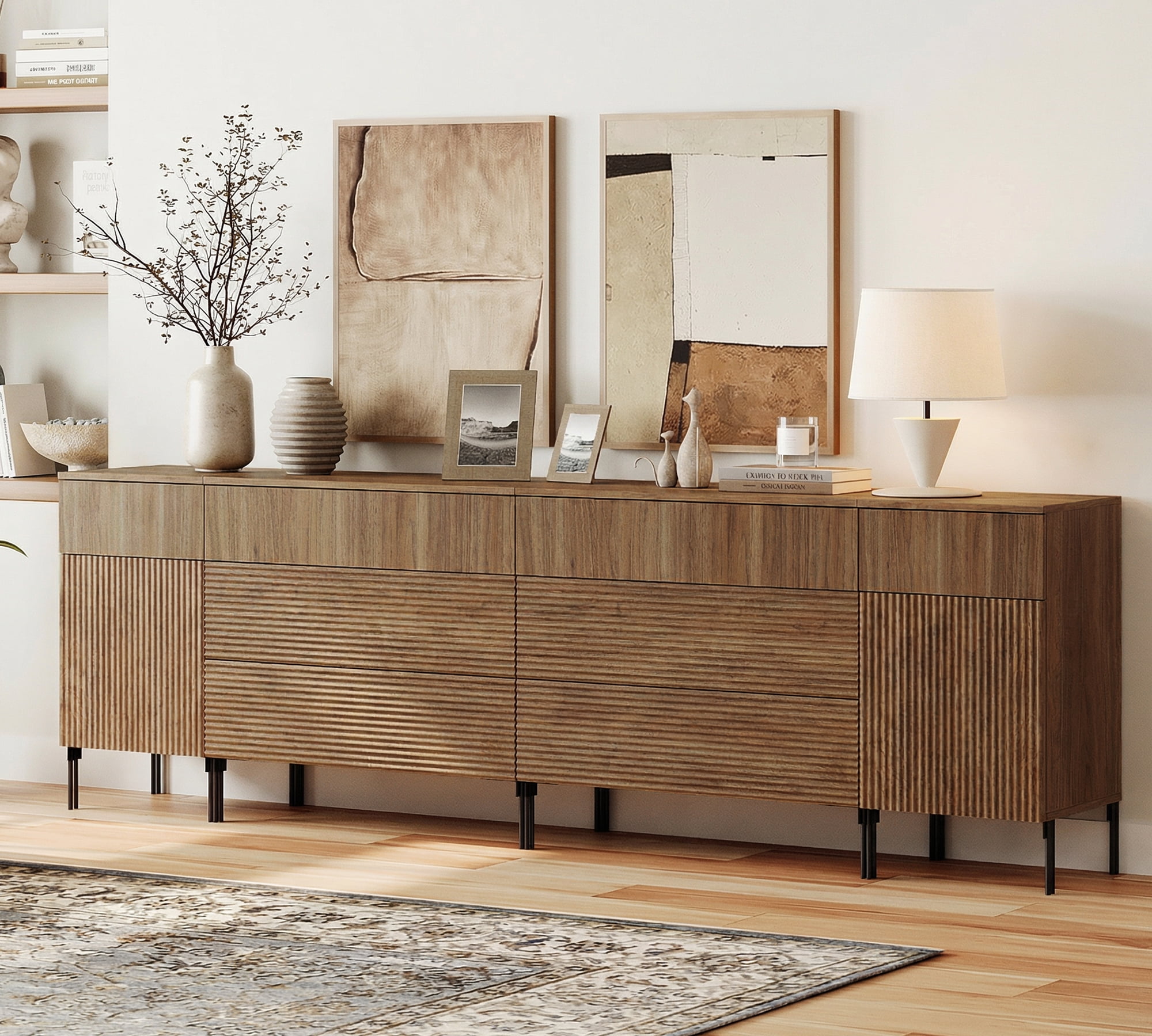 WAMPAT 94.5" 4-in-1 Fluted Dresser for Bedroom with Charging Station, Modern Wooden Chest of Drawers with Hidden Handles & 8 Drawers, Extra Long Dresser TV Stand Closet Storage Organizer, Brown