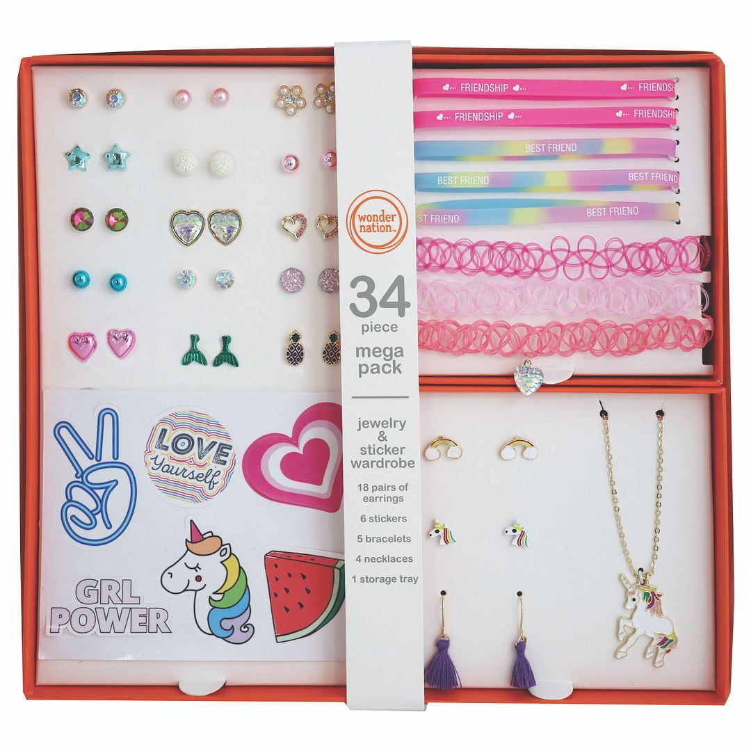 Wonder Nation Jewelry Mega Pack for Girls with Storage Tray, 34 Piece 