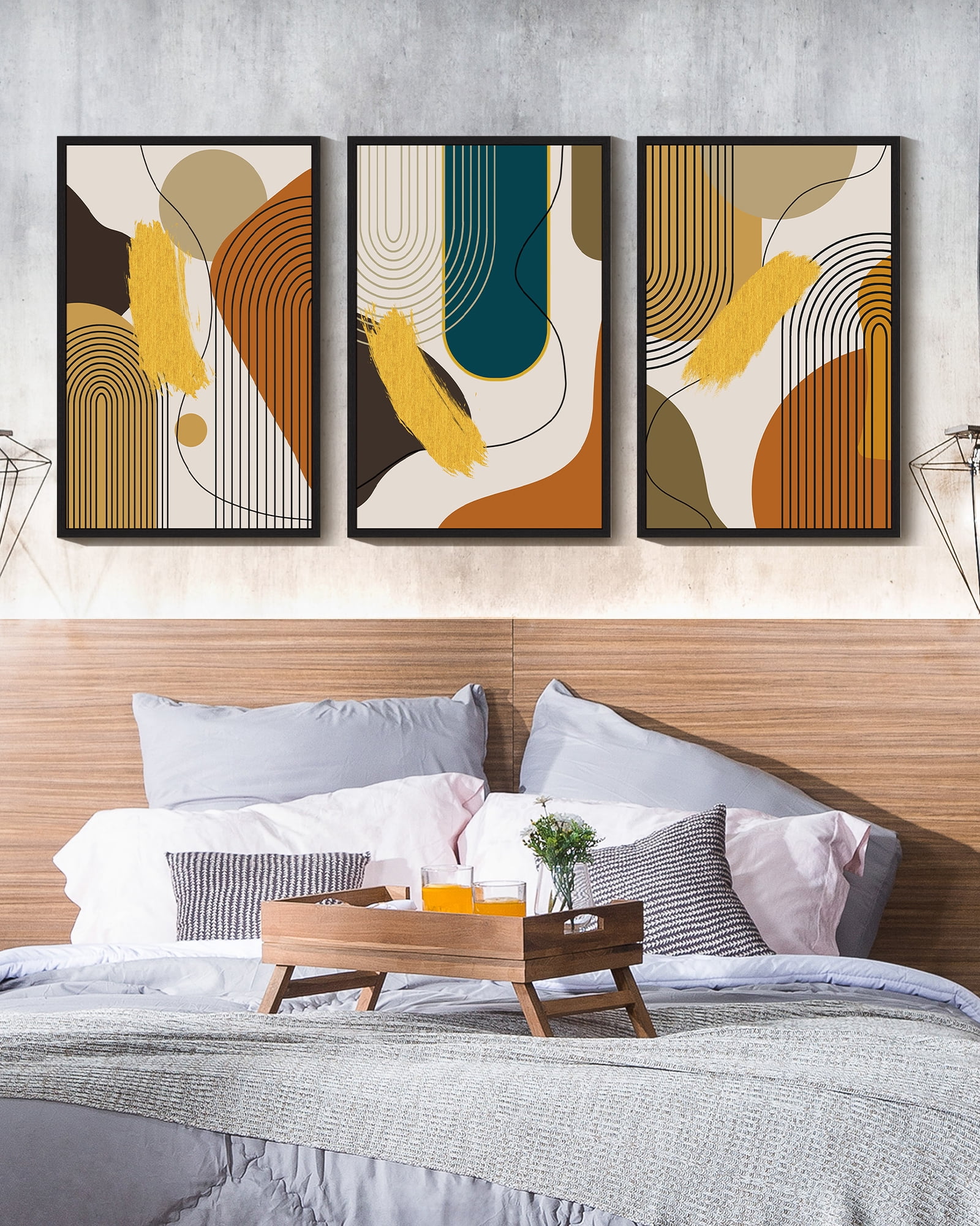 Drsoum 16x24in3pcs Black Framed Boho Abstract Wall Art Modern Minimalist Luxury Gold Line Artwork Decor