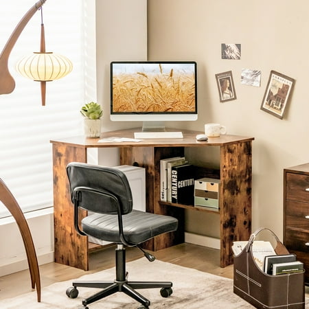 Costway Corner Computer Desk Triangle Writing Workstation w/Storage Shelf Rustic - Rustic Brown