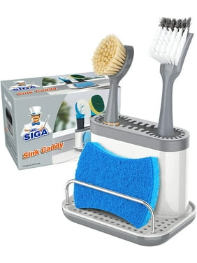 MR.Siga Sink Caddy, Kitchen Sponge Brush Holder, Sink Organizer with Drip Tray, White & Gray