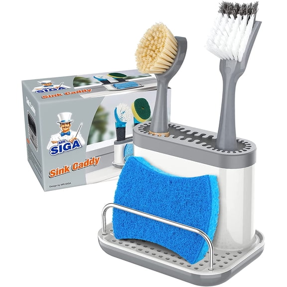 MR.Siga Sink Caddy, Kitchen Sponge Brush Holder, Sink Organizer with Drip Tray, White & Gray