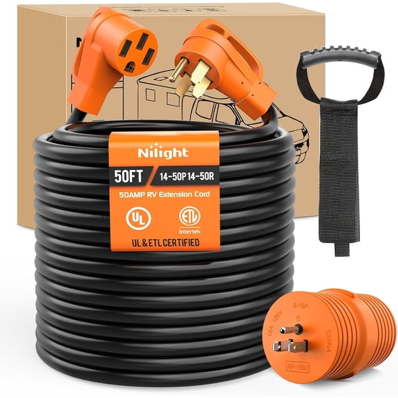 Nilight 50FT 50 Amp RV Extension Cord with Adapter 15Amp to 50Amp 250V Heavy Duty 6/3 8/1 Gauge Pure Copper STW Wire UL ETL Listed 4 Prong 14-50P 14-50R Weatherproof Suit for Generators Camper