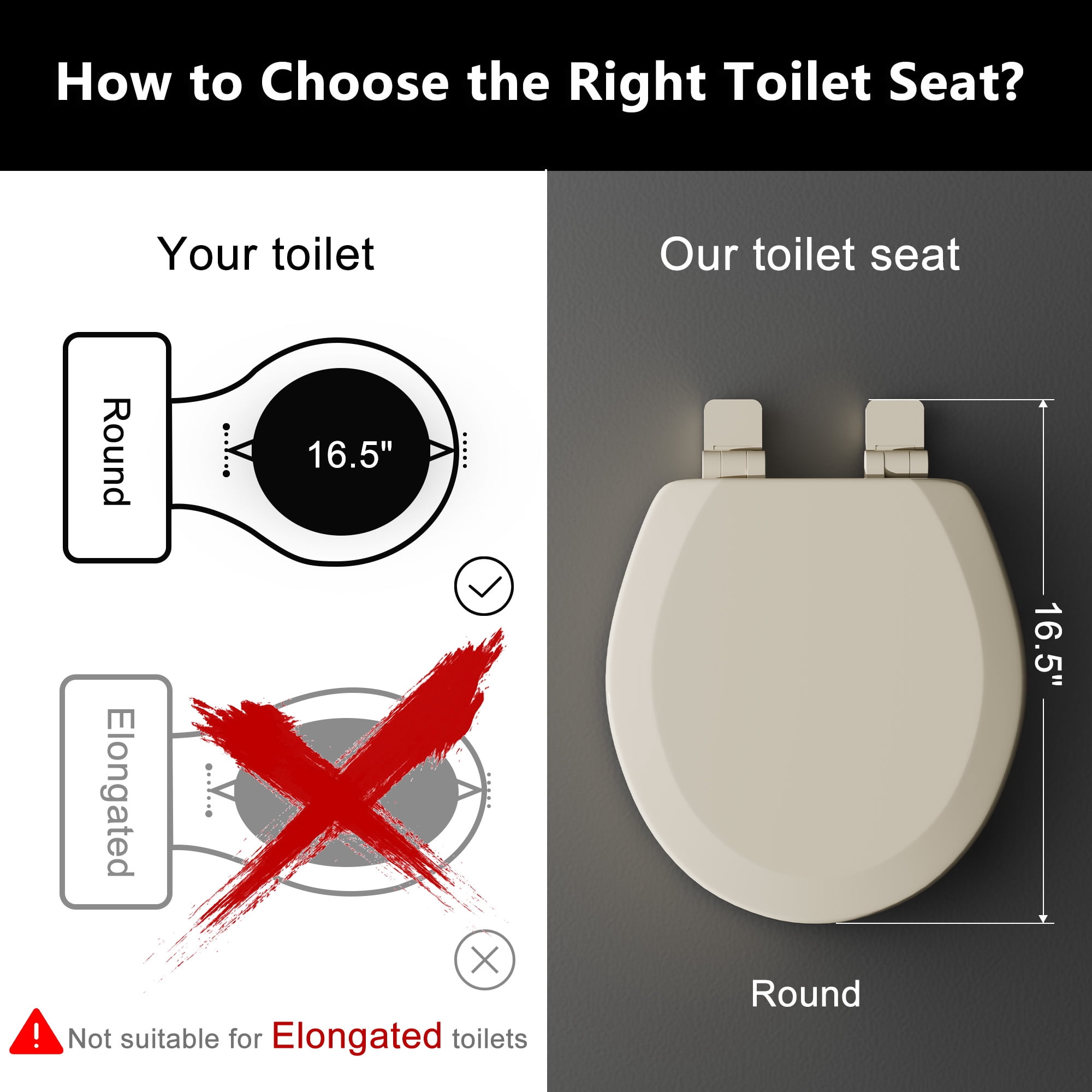 Angol Shiold Wood Toilet Seat with Non-Slip Adjustable Hinges, Quiet-Close ( Beige, Round 16.5'' )