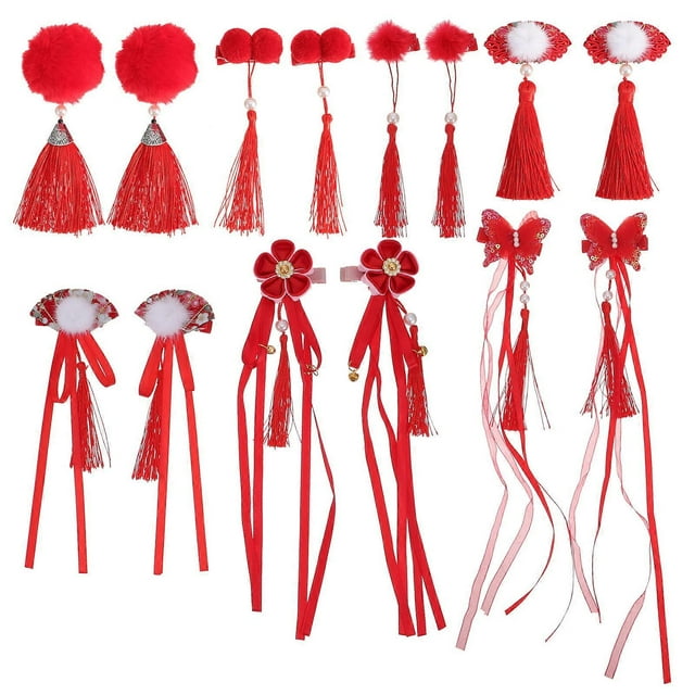 7 Pairs Delicate Chinese Style Kids Hair Clips Chic New Year Tassel Hairpins