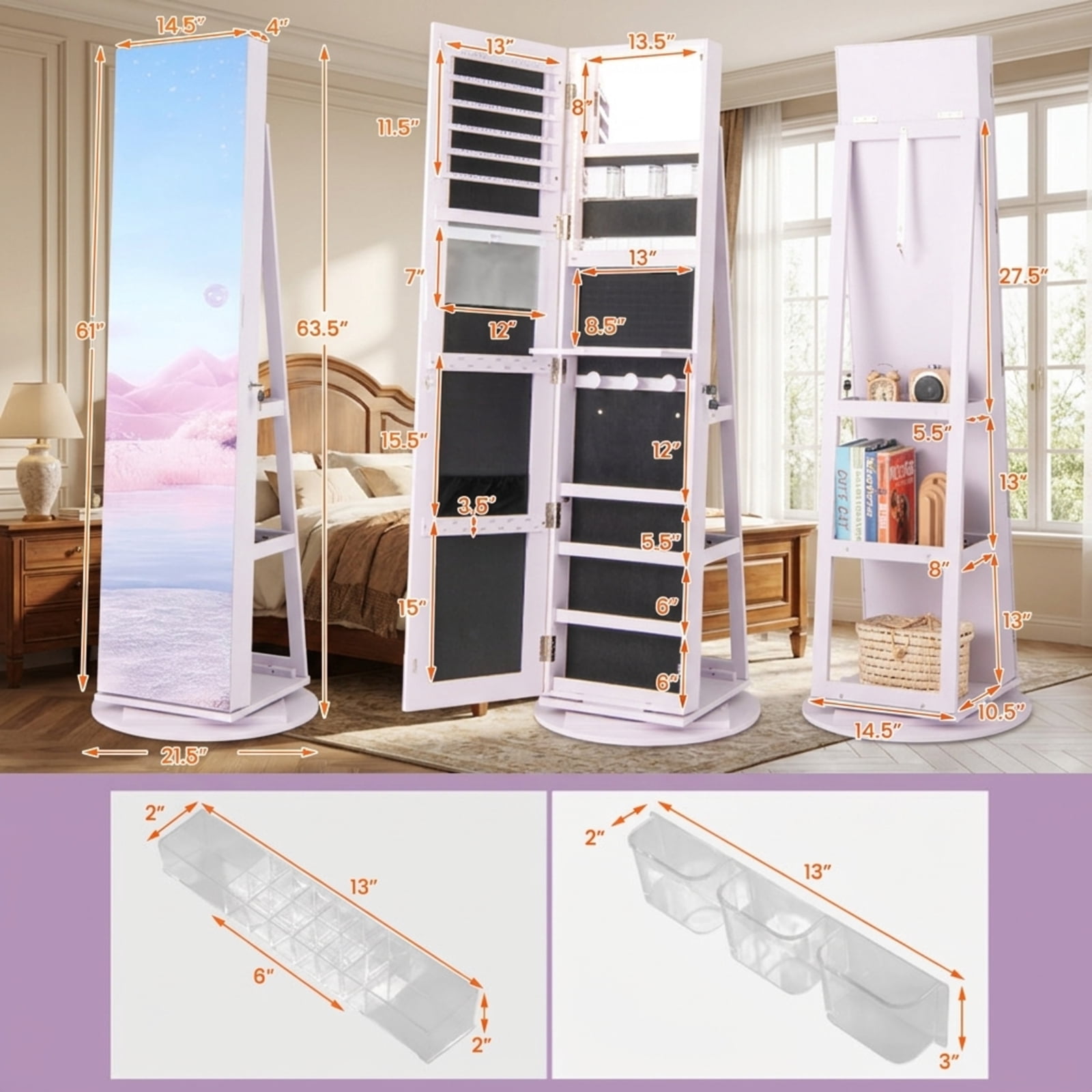 Furnibear 360° Rotating Mirrored Jewelry Cabinet Armoire 3 Color LED Modes Lockable for Bedroom Dressing Room Jewelry Necklace Rings Storage, White