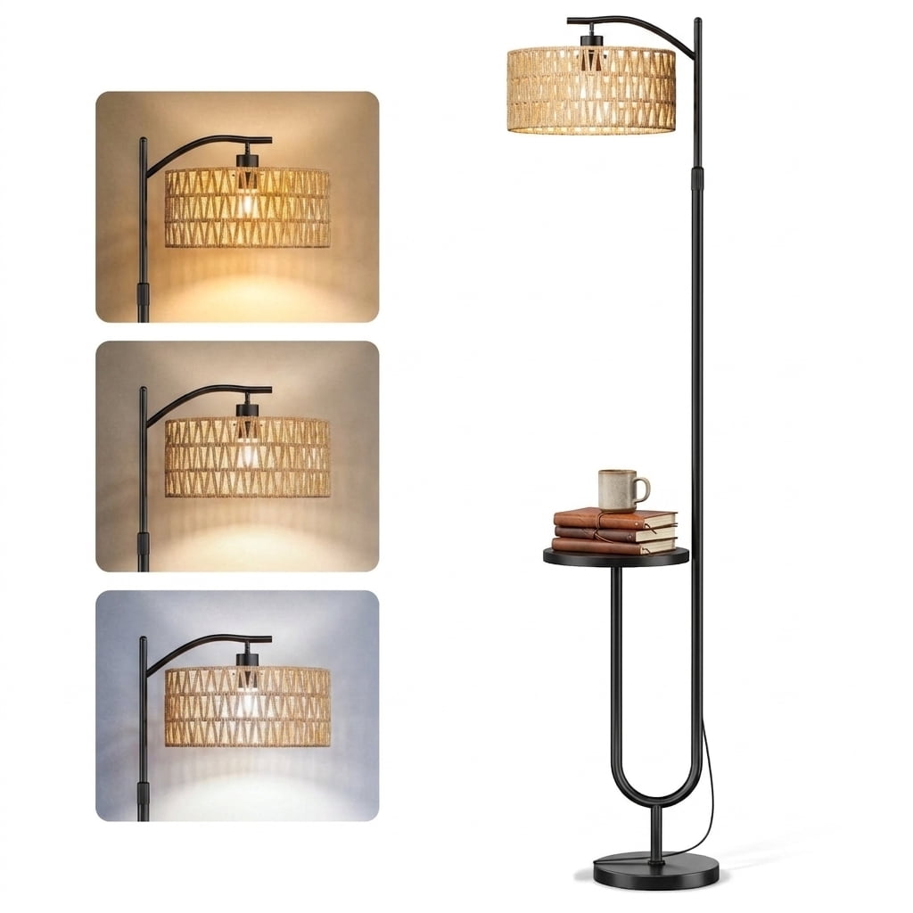 Fenbeli Modern Floor Lamp with Adjustable Head, Remote Control and Dimmable LED Bulb, Black for Living Room, Bedroom and Home Office