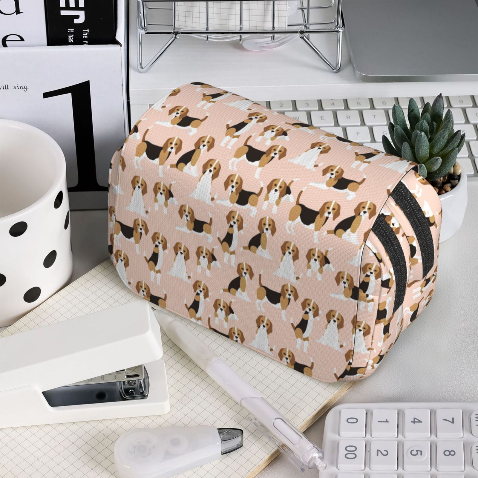 Rateoe Beagle Dog On Brown Pattern Double Clamshell Pen Case, Storage Organizer with Two Zipper Compartments– Holds Up to 50 Pencils & Pens