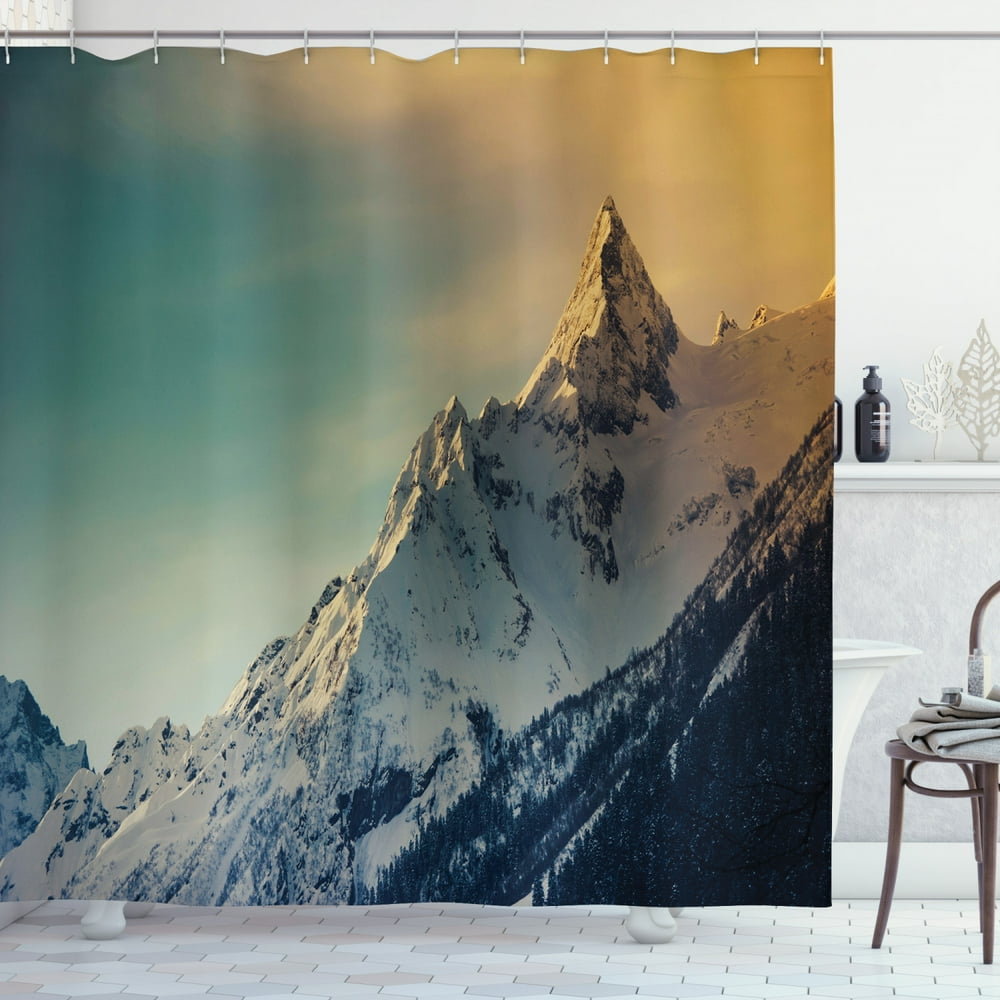 Mountains Shower Curtain, Winter Mountains Panorama Style Scene with