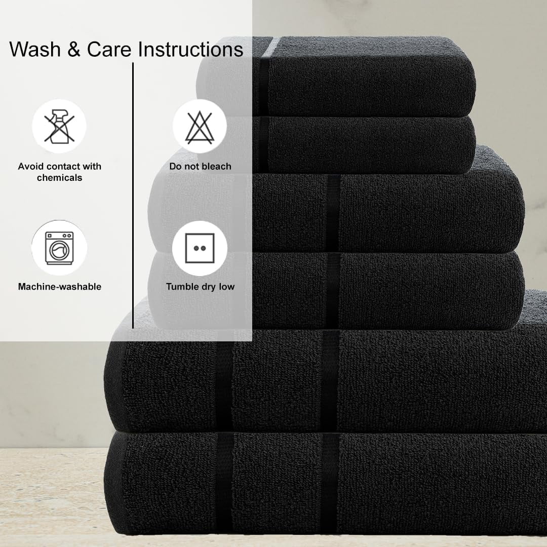 CASA COPENHAGEN Eternal 6 Pieces Towel Set- Black, 500 GSM 2 Bath Towel 2 Hand Towel 2 Washcloth, Designed in Denmark Made of Soft Egyptian Cotton for Bathroom, Kitchen & Shower