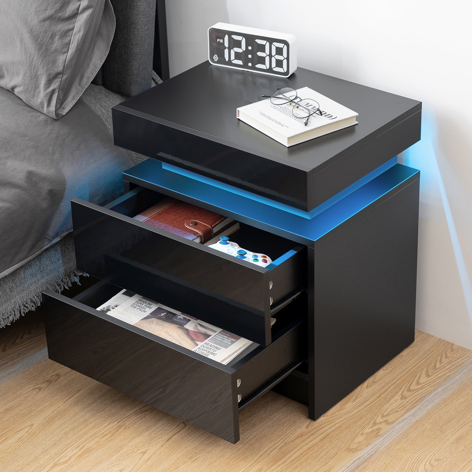Hommpa set of 2 Modern Nightstand with LED Light High Gloss Bedside Tables for Bedroom, Night Stand with 2 Drawer Side Table Cabinet, Black