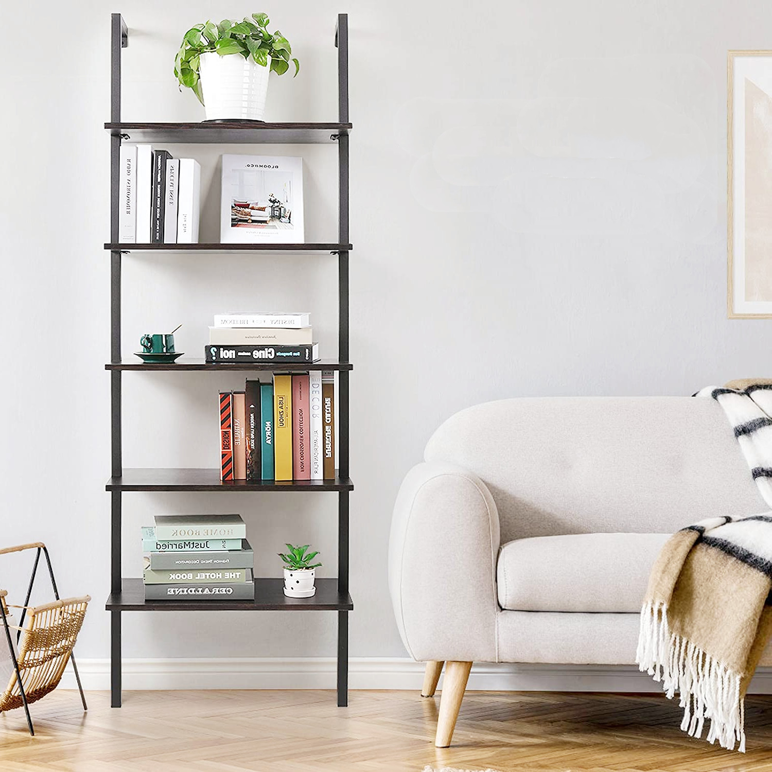 Zimtown 5-Shelf Wall-Mounted Ladder Bookcase, Brown photo 5