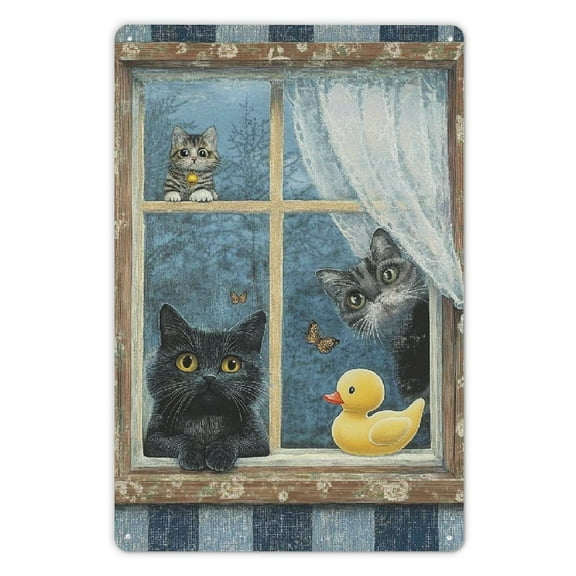 Cute Black Cat Metal Tin Sign - Nice 8 x12 inch - Funny Animal Vintage Quote Wall Decor Rustic Art Blue Chic Iron Painting