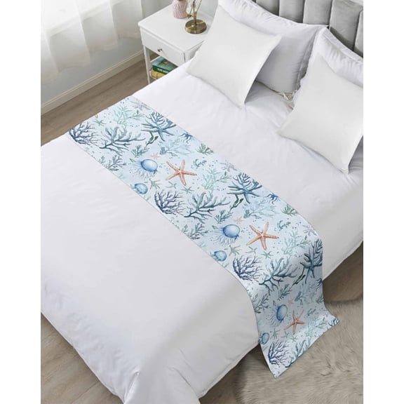 Xipuska Blue Coastal Bed Runners for Cal King Size Bed, Decorative Bed Throws for Foot of Bed, Ocean Nautical Coral Starfish Bed Runner Sofa Throw Bedding Scarf Protector Slipcover for Bedroom/Hotel
