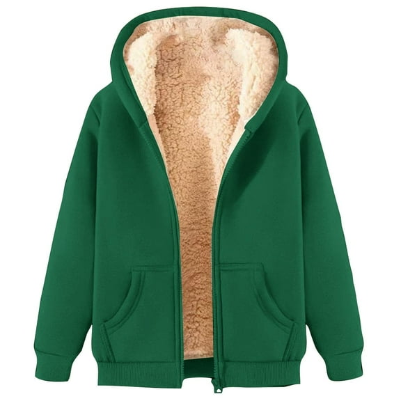 Wuxain Women's Warm Sweatshirt Wool Lined Windproof Coat Elegant Plain Long Sleeve Full Zip Up Hooded Pullover Winter Jacket Clothes,Green